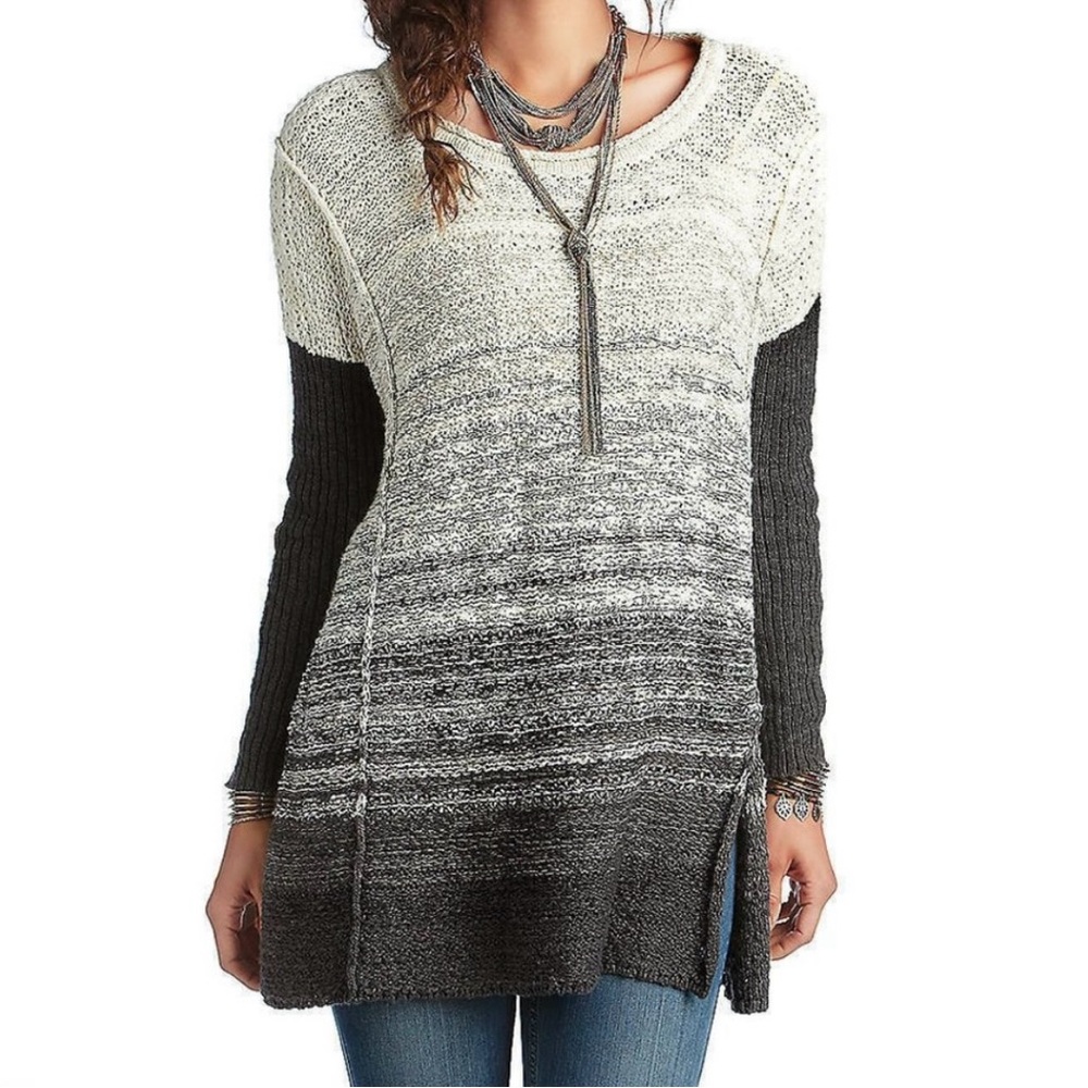 Free People Black and Gray Crew Neck Sweater XS S Oversized Side Slit